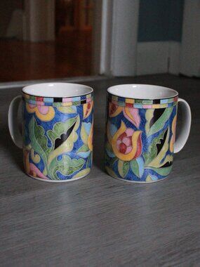 Vintage Pair of PTS Inter. Interiors "Fantasia" Floral Mosaic Stoneware Mugs